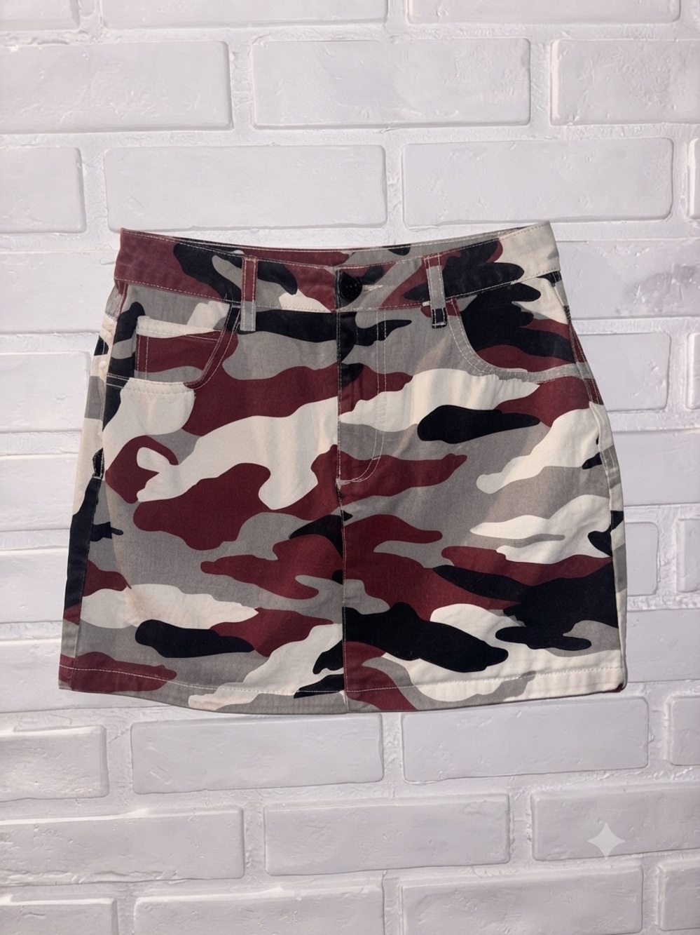 Forever 21 Burgundy, Black & Cream Camo Mini Skirt